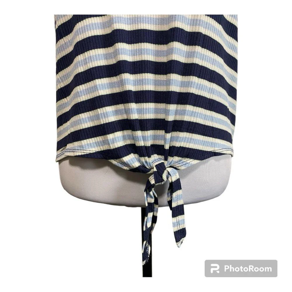 Pink Republic blue white stripe short sleeve top with bottom tie size large